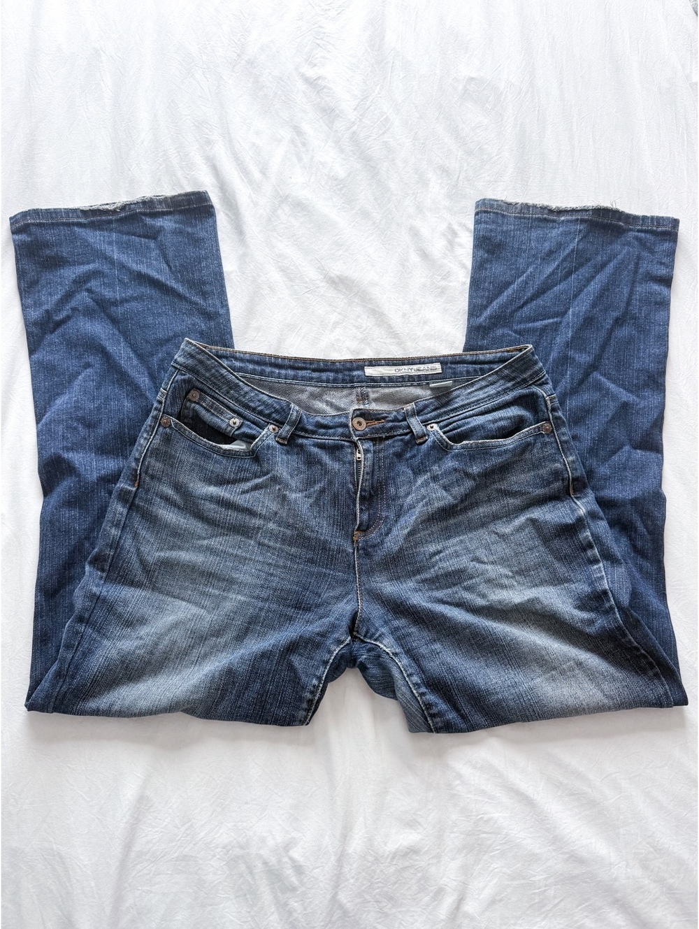 DKNY Y2K Dark Wash Mid-Rise Flare Denim Jeans Bootcut Soft Fade Twlight Fall